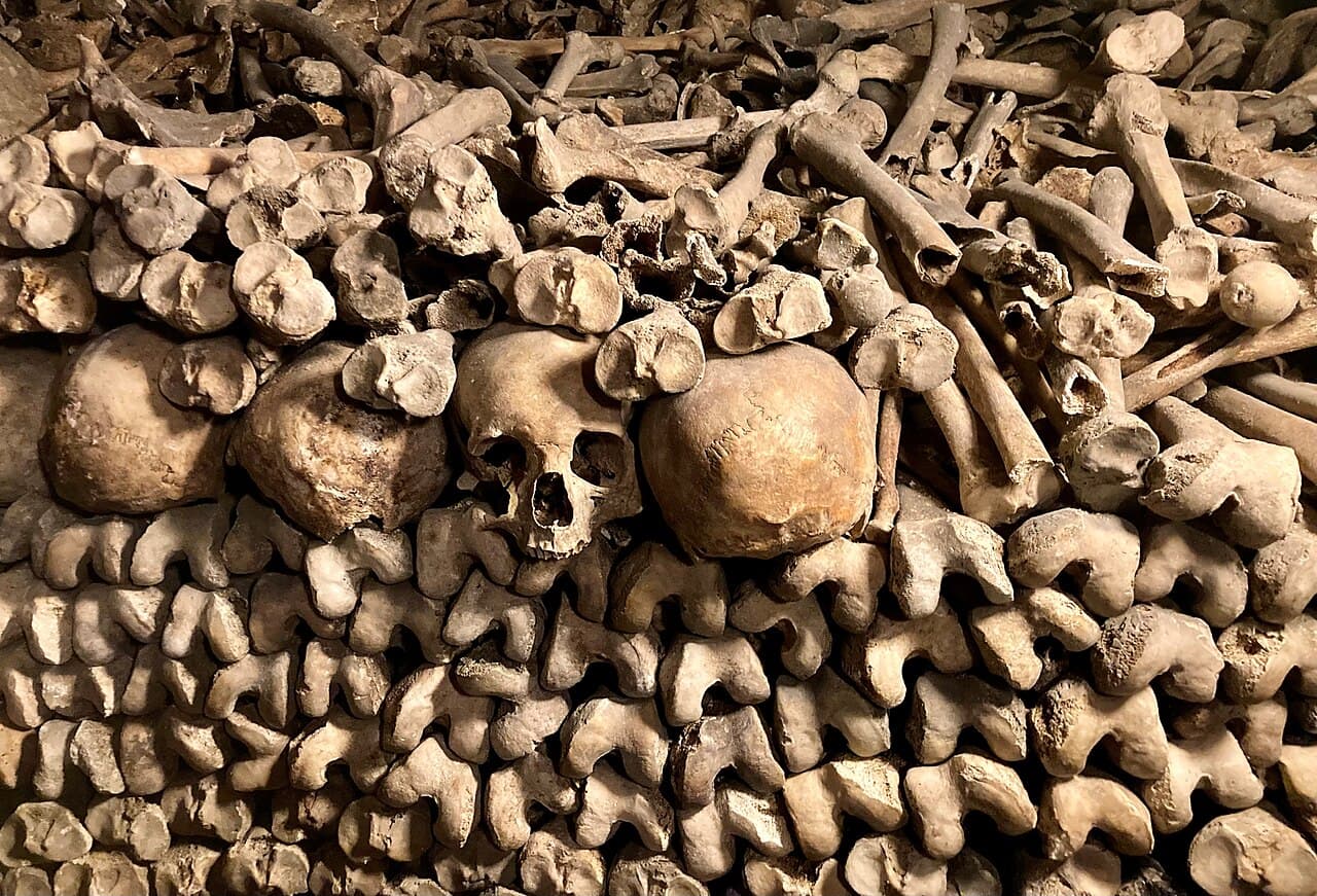 Walls of stacked skulls and bones in the Paris Catacombs