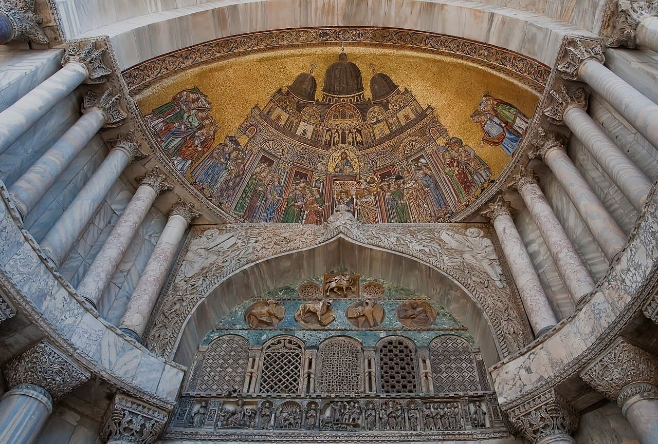 The golden domes and facade of St Mark's Basilica, Venice